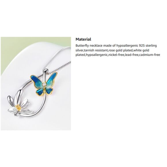 925 Sterling Silver Teardrop Blue Enamel Butterfly & Daisy Flower Necklace - Picture 5 of 10